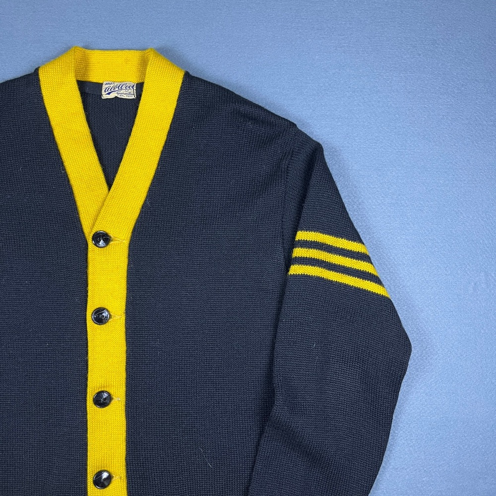 Vintage 50s Kelvyn Park Panther Letterman Cardigan Black Yellow 100% Wool - Picture 3 of 9